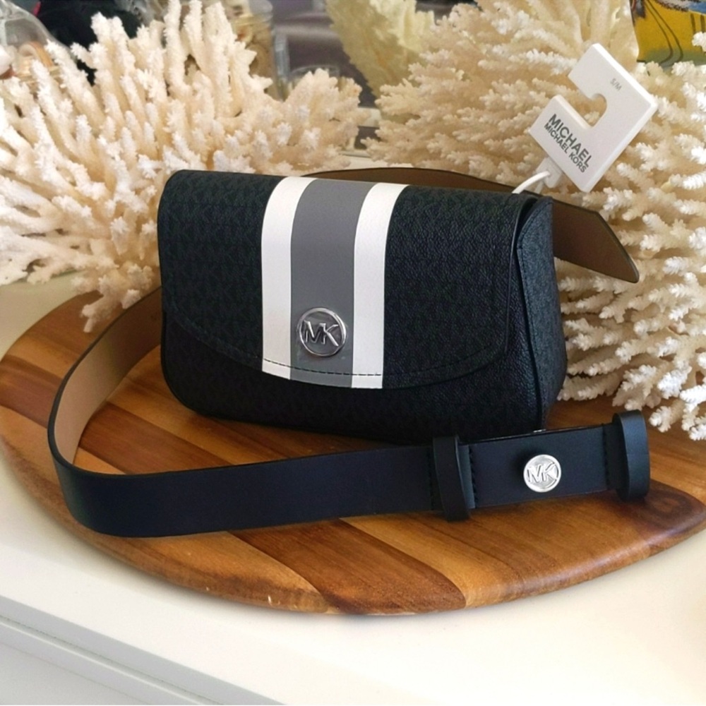 Michael Kors Black belt Bag with White and Gray Stripes